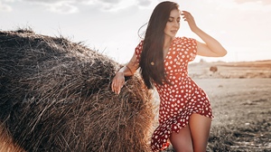 Women Anton Harisov Red Dress Hay Women Outdoors Brunette Long Hair 2000x1125 Wallpaper