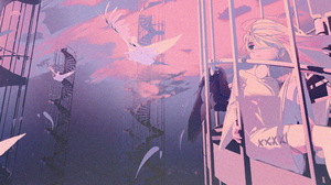 Anime Anime Girls Women Fantasy Art Sitting Hair In Face Eyepatches Stairs Windy Birds Animals Sky 6000x2109 Wallpaper