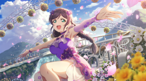 Toujou Nozomi Love Live Anime Anime Girls Sky Clouds Petals Flowers Water Waterfall Stairs Mountains 4096x2520 Wallpaper