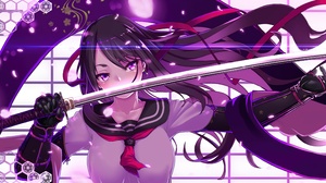 Artwork Anime Girls Sword Katana School Uniform Sailor Uniform Armor Dark Hair Long Hair Purple Eyes 3840x2160 Wallpaper