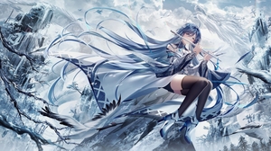 Anime Anime Girls Long Hair High Heels Ice Winter Flute Musical Instrument Sitting Blue Hair Blue Ey 1500x842 Wallpaper