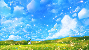 Cloud Dress Girl Hat Long Hair Meadow Petal Scenic Sky 1920x1200 Wallpaper