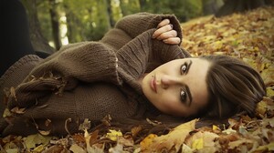 Model Brunette Long Hair Women Outdoors Nature Trees Leaves Sweater Piercing Fall Brown Eyes Pierced 2000x1334 Wallpaper