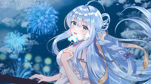 Anime Anime Girls Yagen Artwork Silver Hair Blue Eyes Long Hair Fireworks 3840x2160 Wallpaper