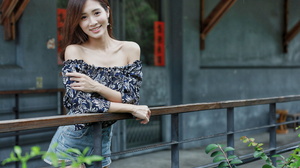 Asian Model Women Long Hair Dark Hair Leaning Iron Railing Bare Shoulders Short Tops Depth Of Field  2250x1500 Wallpaper
