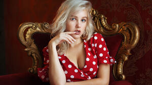 Christina Artemyeva Women Maxim Maximov Blonde Polka Dots Finger On Lips Blue Eyes Pink Nails Lookin 2048x1428 Wallpaper