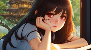 Anime Girls Anime Edit Dark Hair Orange Eyes Long Hair Looking At Viewer Trees Window House Ai Art 2048x2048 Wallpaper