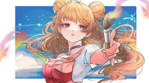 Myrica Anime Anime Girls Digital Art Illustration Women Blonde Paint Brushes Painters Choker Long Ha 3000x1987 wallpaper