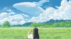 Digital Art ArtStation Jajang Sopandi Clear Sky Whale Black Hair Clouds Landscape Animals Sky Grass 1920x1546 Wallpaper