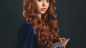 Elena Mikhailova Women Redhead Looking Away Books Blue Flowers Blue Clothing Flower In Hair Wavy Hai 1024x1280 Wallpaper