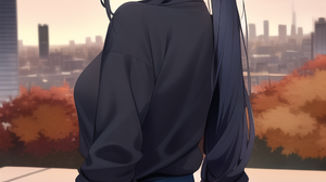 Ai Anime Girls Black Hair Blue Eyes Ponytail Looking Back Looking At Viewer Cityscape 1024x1536 wallpaper