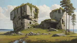 Landscape Science Fiction Rocks Ruins Environment Futuristic Megaliths Clouds Sky Trees Water 3552x1984 wallpaper