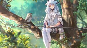 Anime Girls Leaves Branch Trees Owl Animals Nature Forest Looking At Viewer Ptilopsis Arknights 1920x1425 Wallpaper