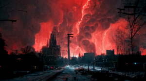 Red Lightning Apocalyptic City Fantasy Art Clouds 1664x1664 Wallpaper