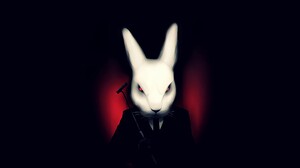 Animals Rabbits Creepy Simple Background Fangs Red Eyes Black Background 4096x2562 Wallpaper
