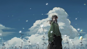 Hua Ming Wink Anime Anime Girls Artwork Hanfu Chinese Clothing Elves Clouds Windy Black Hair Long Ha 4608x2112 wallpaper
