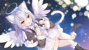 Anime Anime Girls Rucaco Artwork Cat Girl Angel Girl Silver Hair Red Eyes Snowflakes 2048x1152 Wallpaper