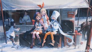 Anime Girls Winter Closed Eyes Snow Long Hair Sitting Drink Scarf Necklace Cooking Hat 4096x2304 Wallpaper