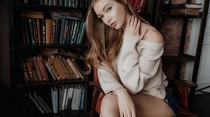 Women Andrey Popenko Books Sitting Women Indoors Sweater Chair Eyeliner 2560x1707 Wallpaper