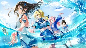 Tiv Anime Girls Women Quartet Water Group Of Women Blimp Standing In Water Clouds Sky Fish Brunette  2800x1575 Wallpaper