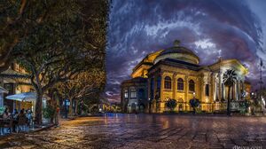 Sicily Palermo Night Theater Architecture Italy Lights Trees Square Watermarked 2000x1175 Wallpaper