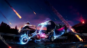 Digital Art Car Vehicle Bicycle Fire Crash BMX 3D Collision Meteors 1920x1080 Wallpaper