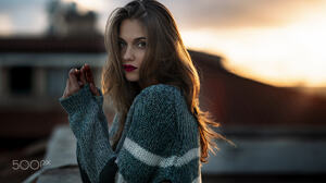 Nicola Davide Furnari Women Brunette Long Hair Makeup Red Lipstick Sweater Sunset Portrait 2048x1250 Wallpaper