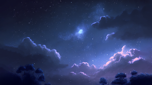 Ai Art Trees Night Clouds Blue Stars Starry Night Sky 3640x2048 Wallpaper