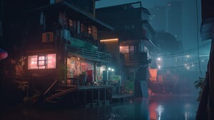 Ai Art City Water Slum Cyberpunk Night City Lights Reflection Building 3854x2160 Wallpaper