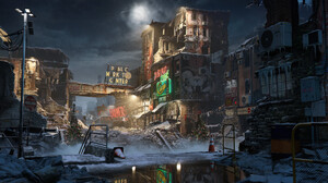 Digital Art Artwork Illustration Environment Street Night Nightscape Neon Building Reflection Ruins  3840x1704 Wallpaper