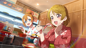 Koizumi Hanayo Love Live Honoka K Saka Kimono Anime Anime Girls Sitting Fish Sushi Chopsticks Plates 4096x2520 Wallpaper
