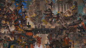 Pengfei Yan Illustration Pencil Drawing Chinese Architecture Fantasy City Fantasy Architecture Trees 7000x2454 Wallpaper