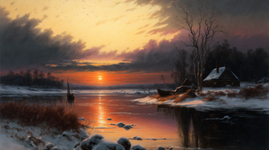Ai Art Landscape Sunset River Snow Painting Water Rocks Sunset Glow Sky Clouds 3072x2048 Wallpaper