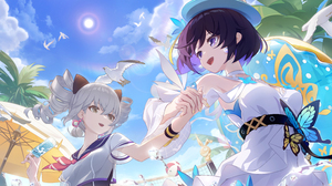 Honkai Impact Low Angle Anime Girls White Dress Bronya Zaychik Floater Homu Honkai Impact Sky Two Wo 8214x4000 Wallpaper