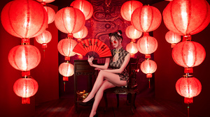 Asian Model Women Long Hair Dark Hair Sitting Lampions Chinese Fan 3840x2560 Wallpaper
