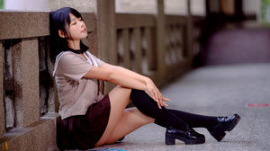 Asian Model Women Long Hair Dark Hair Knee High Socks Sitting 3840x2560 Wallpaper