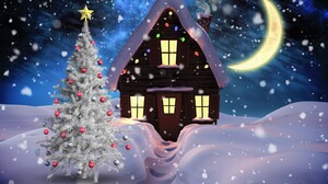 House Christmas Tree Snowfall Snow Moon Crescent 2880x1620 Wallpaper