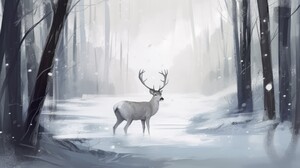 Illustration Deer Snow Winter Forest Animals Trees Antlers 2912x1632 Wallpaper