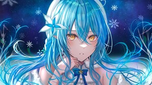 Hololive Yukihana Lamy Elves Anime Girls Snowflakes Yellow Eyes Blue Hair Long Hair Flower In Hair P 2048x1164 Wallpaper