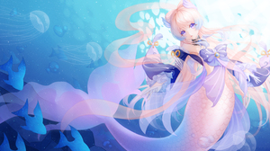 Anime Anime Girls Cyan Background Creature Mermaids Underwater Fish Purple Eyes Long Hair Sea Life M 4724x2657 Wallpaper