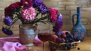Basket Bottle Flower Fruit Glass Pink Flower Purple Flower Vase 2880x1800 Wallpaper