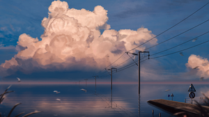 Yu Jing Illustration Clouds Sunset Glow Sunset Utility Pole Lake Birds Sky Anime Anime Sky Power Lin 3840x2429 Wallpaper