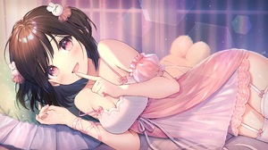 Anime Anime Girls Oli Artist Artwork Brunette Pink Eyes In Bed Lying On Side Nightgown Thigh Highs 3628x2041 Wallpaper
