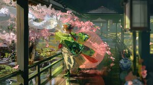 Cherry Blossom Anime Girls Umbrella Porch Dragon Reflection Water Flowers 2048x1448 Wallpaper