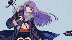 Cogecha Anime Anime Girls Long Hair Looking At Viewer Heels Simple Background Purple Hair Purple Eye 4426x2246 wallpaper