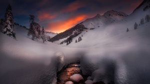 Nature Snow Stream Sunset 2048x1292 Wallpaper