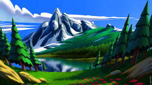 Kevin Gnutzmans Digital Art Nature Lake Mountains Trees Sky Clouds Flowers Painting Digital Painting 3840x2269 Wallpaper