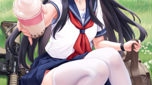 Long Hair Anime Girls Drink Vertical Schoolgirl School Uniform Gun Grass Choker Blue Eyes Clouds Flo 4325x6175 Wallpaper