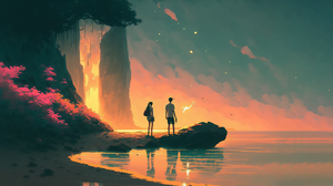Ai Art Mountains Illustration Couple Lake Sunset Sunset Glow Water Reflection 3641x2048 Wallpaper