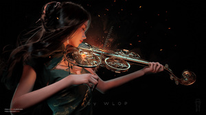 WLOP Fantasy Girl Ghostblade Artwork Long Hair Brunette Violin Musical Instrument 2500x1406 Wallpaper